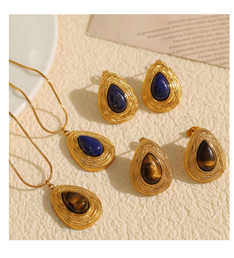 New French Retro Melad Autumn Winter Tiger Eye Stone Necklace Personality Temperament Versatile Simple Jewelry Set for Women