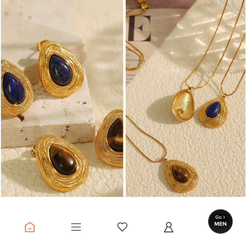 New French Retro Melad Autumn Winter Tiger Eye Stone Necklace Personality Temperament Versatile Simple Jewelry Set for Women