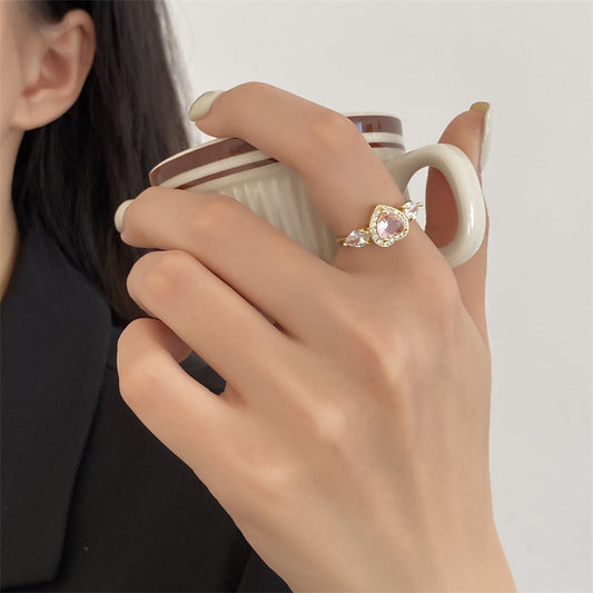 LUXURY HEART PINK CRYSTAL RING | Gold Plated