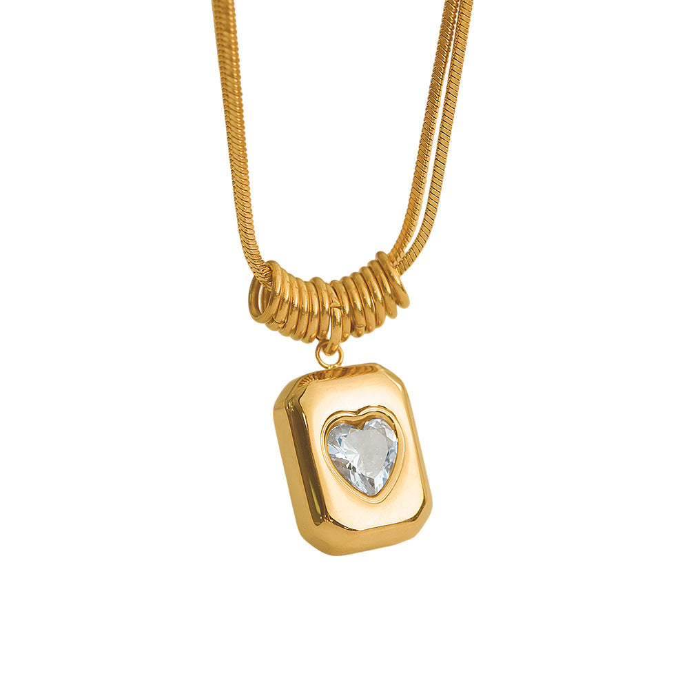 Retro Geometric Heart Pendant Necklace - Luxury Double-Layer Snake Chain Titanium Steel Chain Jewelry