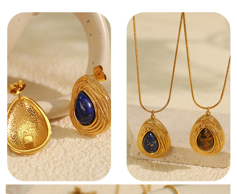 New French Retro Melad Autumn Winter Tiger Eye Stone Necklace Personality Temperament Versatile Simple Jewelry Set for Women