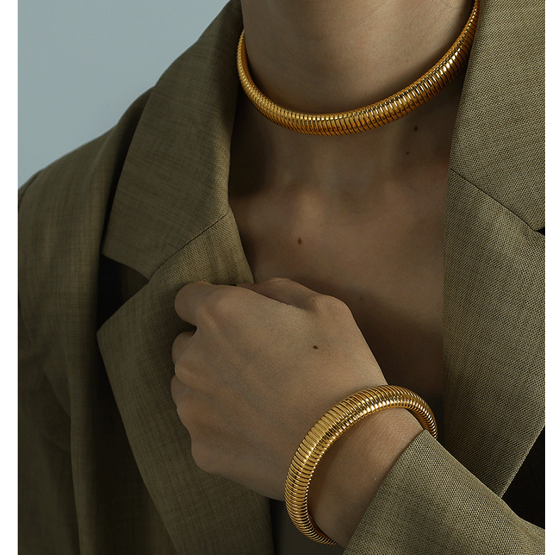 20mm European and American Exaggerated Retro Threaded Elastic Bracelet Necklace Set Personality Trendy Titanium Steel Design Cross-Border Accessories