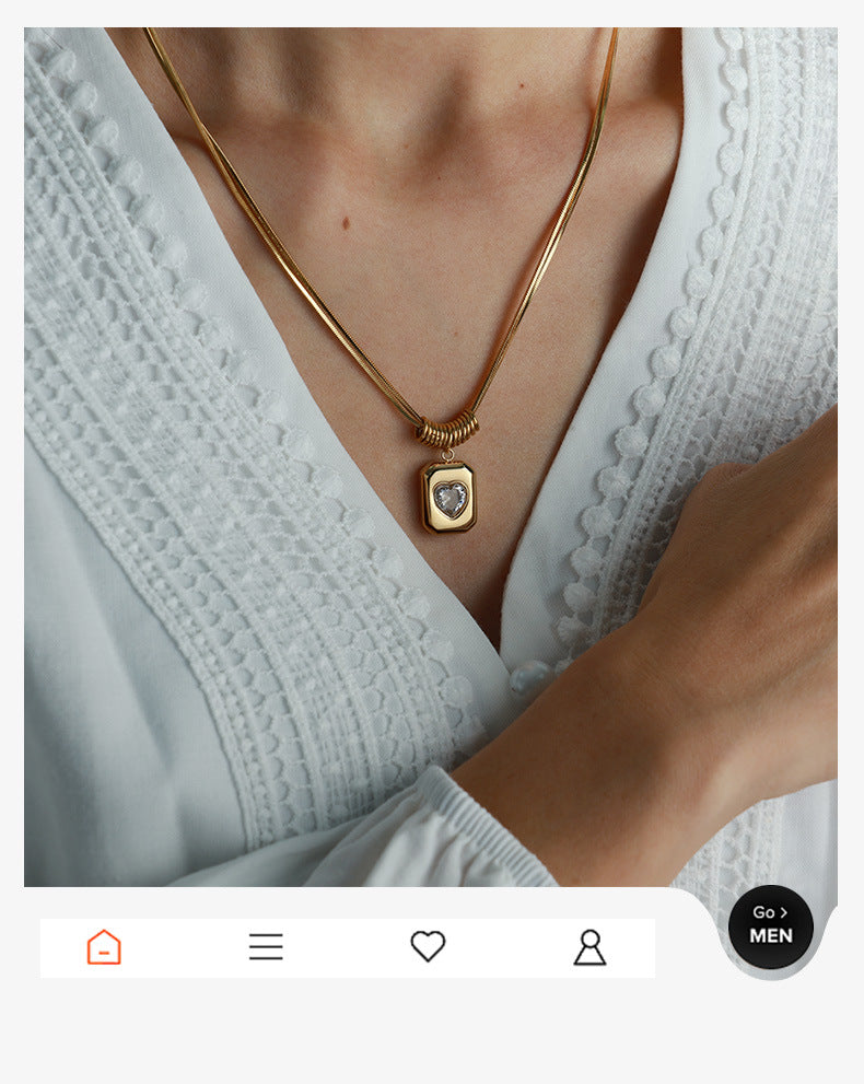 Retro Geometric Heart Pendant Necklace - Luxury Double-Layer Snake Chain Titanium Steel Chain Jewelry