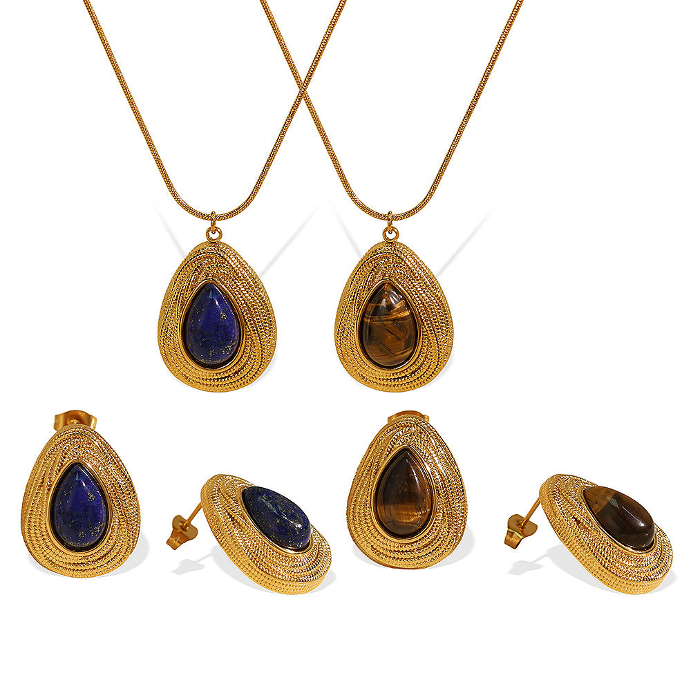 New French Retro Melad Autumn Winter Tiger Eye Stone Necklace Personality Temperament Versatile Simple Jewelry Set for Women