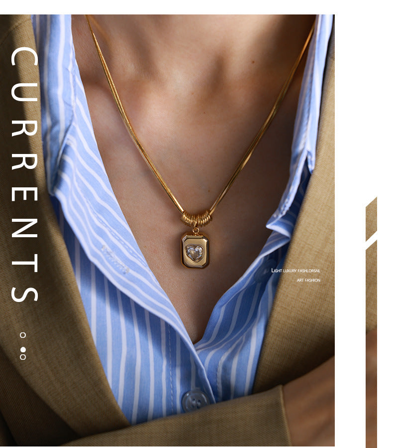 Retro Geometric Heart Pendant Necklace - Luxury Double-Layer Snake Chain Titanium Steel Chain Jewelry