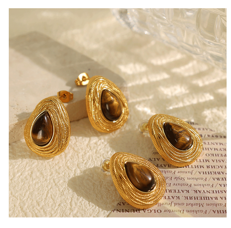 New French Retro Melad Autumn Winter Tiger Eye Stone Necklace Personality Temperament Versatile Simple Jewelry Set for Women