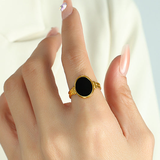 GEOMETRIC BLACK ENAMEL RING | Gold Plated