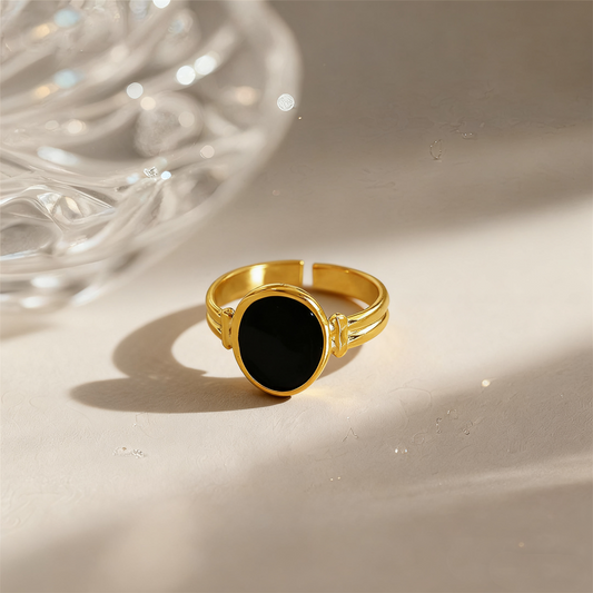 GEOMETRIC BLACK ENAMEL RING | Gold Plated