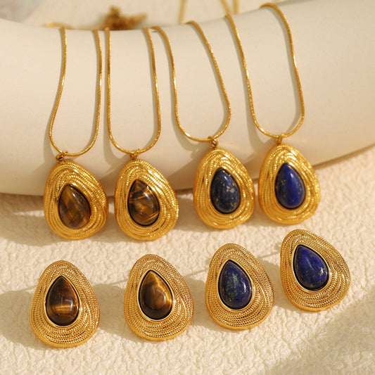 New French Retro Melad Autumn Winter Tiger Eye Stone Necklace Personality Temperament Versatile Simple Jewelry Set for Women