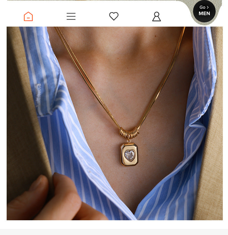 Retro Geometric Heart Pendant Necklace - Luxury Double-Layer Snake Chain Titanium Steel Chain Jewelry