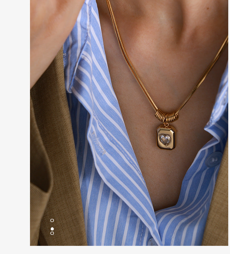 Retro Geometric Heart Pendant Necklace - Luxury Double-Layer Snake Chain Titanium Steel Chain Jewelry