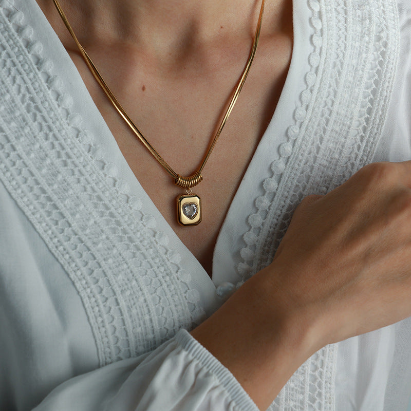 Retro Geometric Heart Pendant Necklace - Luxury Double-Layer Snake Chain Titanium Steel Chain Jewelry