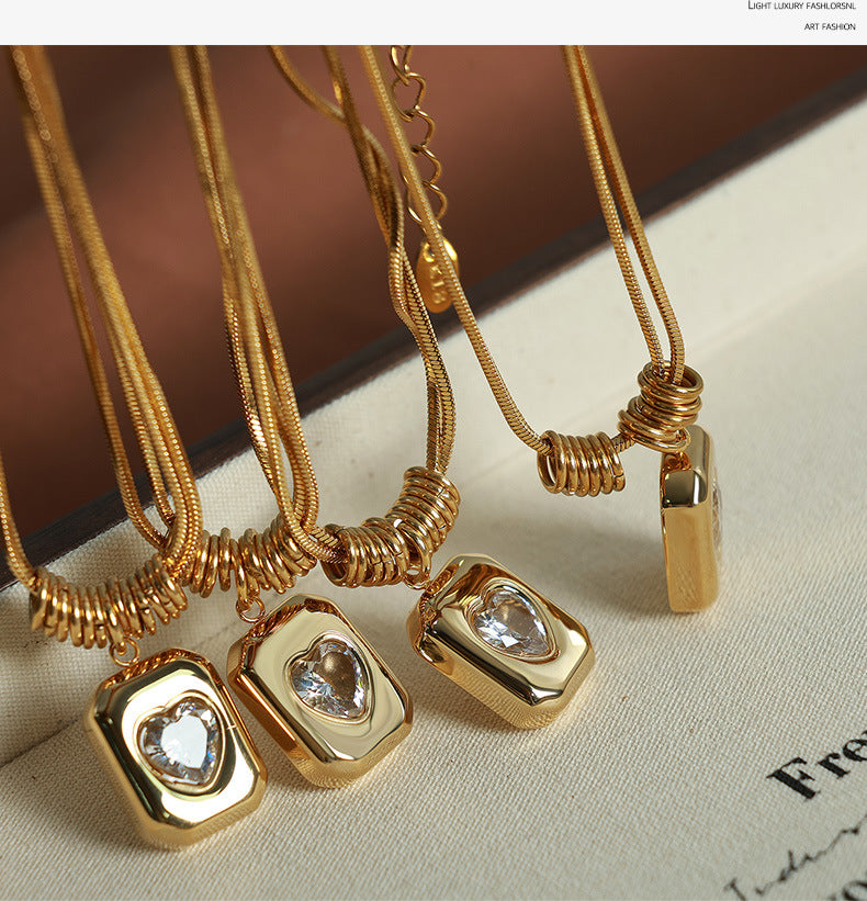 Retro Geometric Heart Pendant Necklace - Luxury Double-Layer Snake Chain Titanium Steel Chain Jewelry