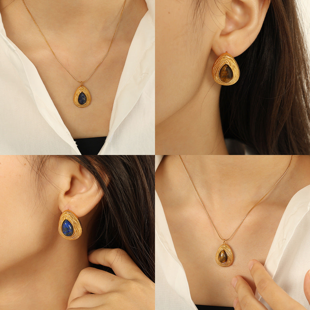 New French Retro Melad Autumn Winter Tiger Eye Stone Necklace Personality Temperament Versatile Simple Jewelry Set for Women