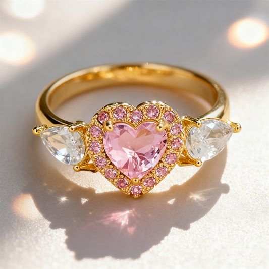 LUXURY HEART PINK CRYSTAL RING | Gold Plated