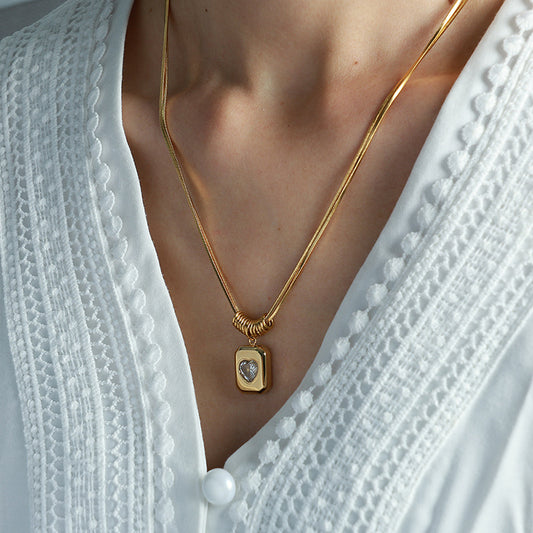 Retro Geometric Heart Pendant Necklace - Luxury Double-Layer Snake Chain Titanium Steel Chain Jewelry