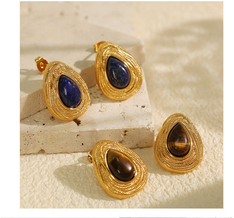 New French Retro Melad Autumn Winter Tiger Eye Stone Necklace Personality Temperament Versatile Simple Jewelry Set for Women