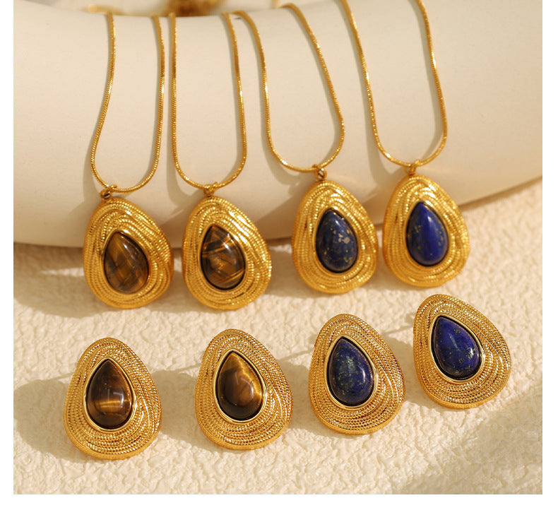 New French Retro Melad Autumn Winter Tiger Eye Stone Necklace Personality Temperament Versatile Simple Jewelry Set for Women